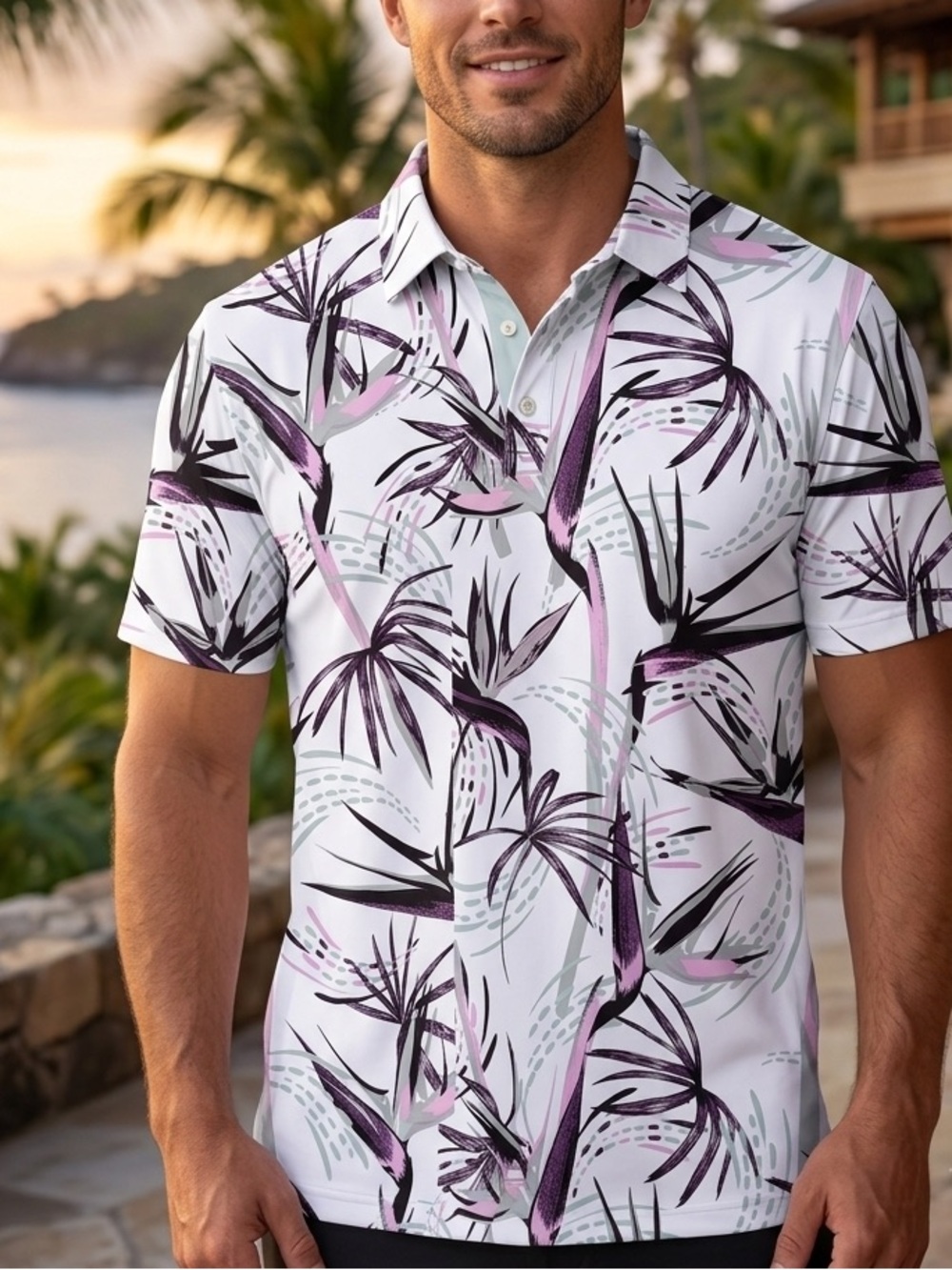 Puma White Short-Sleeve Polo with Purple and Black Tropical Print